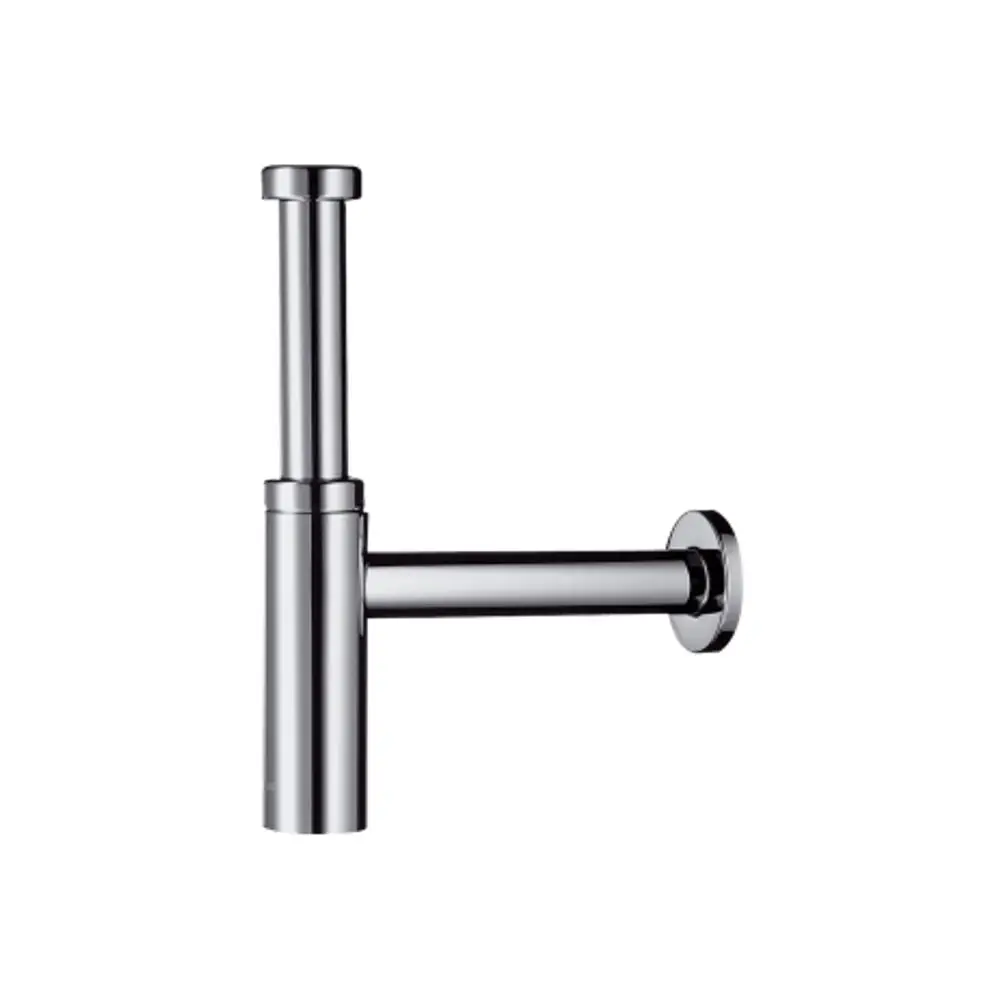 Hansgrohe Designsiphon in Chrom, mit einem vertikalen und horizontalen Rohrsystem zur Wasserableitung, montiert an einer Wand.